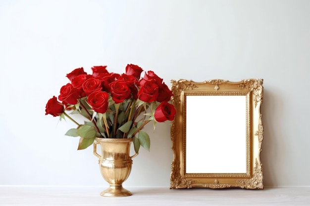 Cadre doré vide avec des roses rouges dans un vase