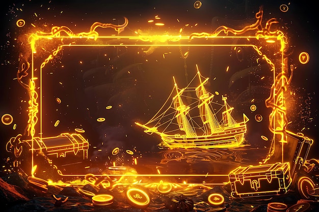 Cadre du trésor des pirates Cadre arcane avec des navires pirates et un trésor Y2K Collage Glow Outline Art