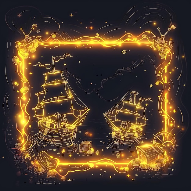 Cadre du trésor des pirates Cadre arcane avec des navires pirates et un trésor Y2K Collage Glow Outline Art