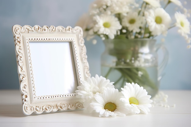 cadre élégant avec des fleurs de marguerites blanches dans un vase en verre sur une table