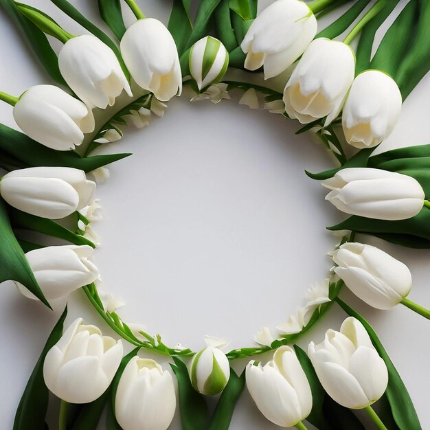 Le cadre est un cercle de tulipes blanches sur un fond blanc vide avec une place pour le texte