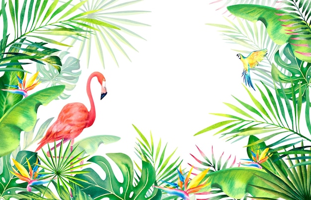 Un cadre fait de feuilles de palmier, de branches de banane, de strelitzia, de flamants roses et d'ara, de plantes et d'oiseaux tropicaux Illustration à l'aquarelle Carnaval au Brésil Rio de Janeiro Humeur d'été Bannière