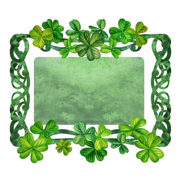 Cadre de fantaisie vintage à l'aquarelle avec un trèfle à quatre feuilles dessiné à la main pour la Saint-Patrick pour la bonne chance