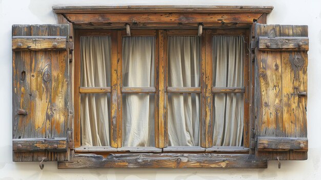 Le cadre de fenêtre en bois avec rideau est isolé sur un fond blanc dans un style vintage