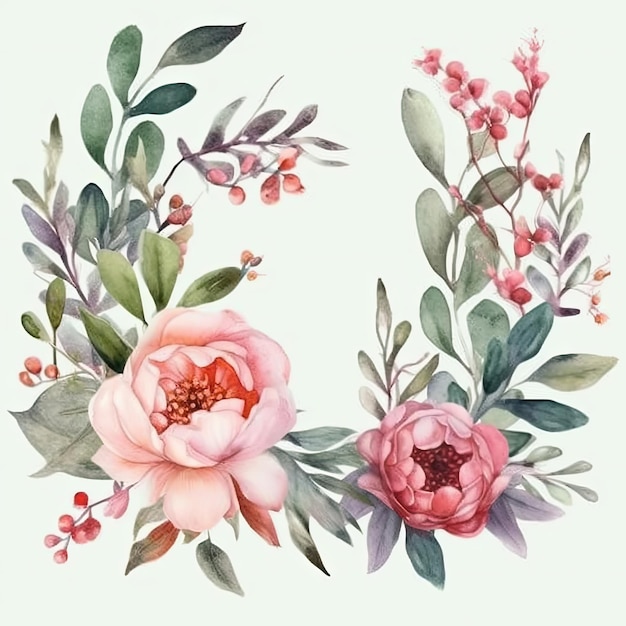 Cadre de feuillage avec des roses roses Couronne florale aquarelle de fleurs d'été AI générative