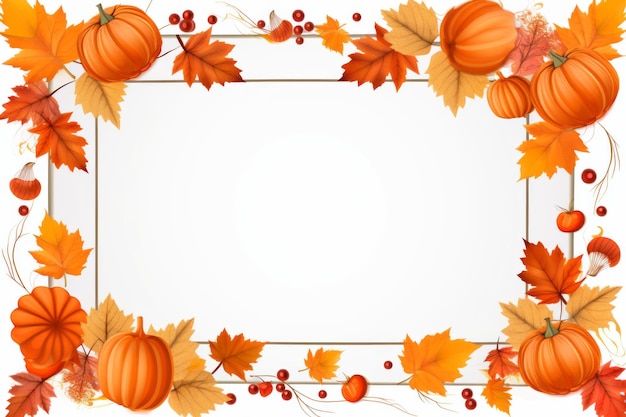 un cadre avec des feuilles d'automne et des citrouilles sur un fond blanc