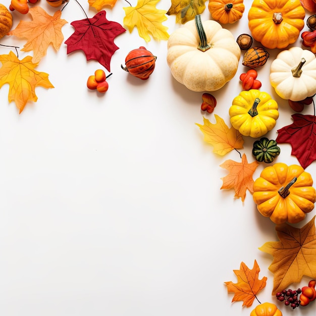 Cadre feuilles d'automne colorées et citrouilles orange sur un fond clair