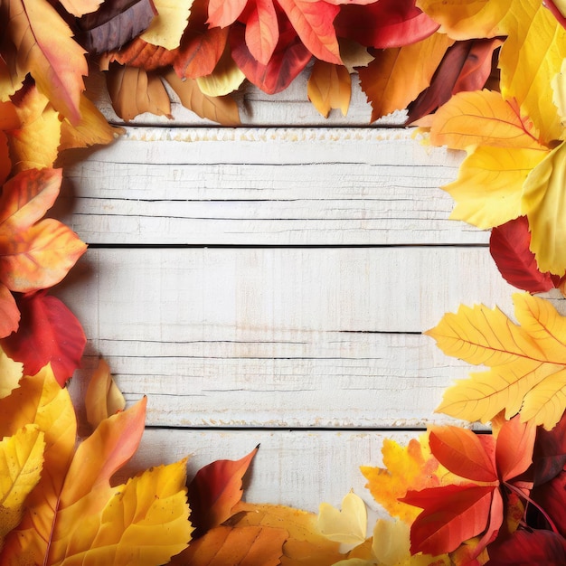 Photo cadre de feuilles d'automne sur fond de bois rustique blanc