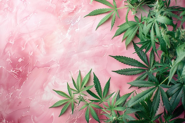 Photo cadre de feuilles de cannabis vertes fraîches sur fond rose pastel avec espace de copie