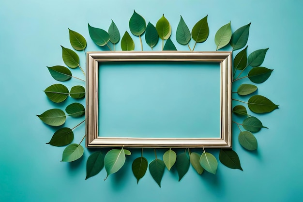 Un cadre avec des feuilles dessus sur fond bleu