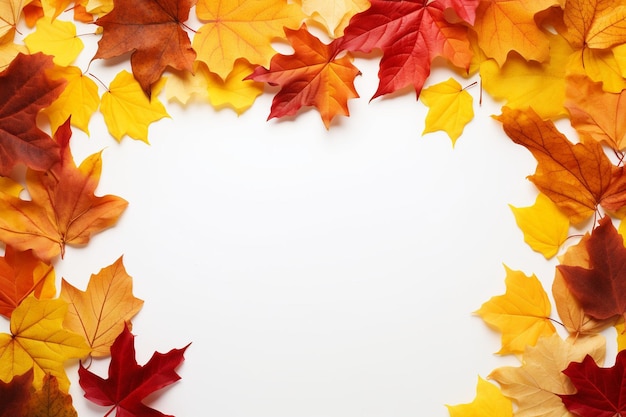 Cadre de feuilles dorées d'automne, feuilles tombées d'érable isolées sur le feuillage blanc de la nature automnale