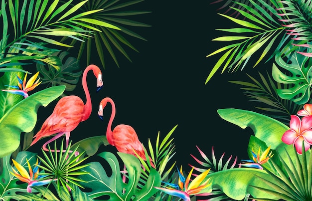 Cadre en feuilles de palmier branches de banane strelitzia flamants rosesplantes et oiseaux tropicaux illustration à l'aquarelle carnaval au Brésil Rio de Janeiro humeur d'été modèle de bannière