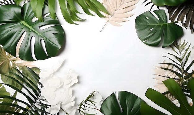 Un cadre de feuilles tropicales sur fond blanc