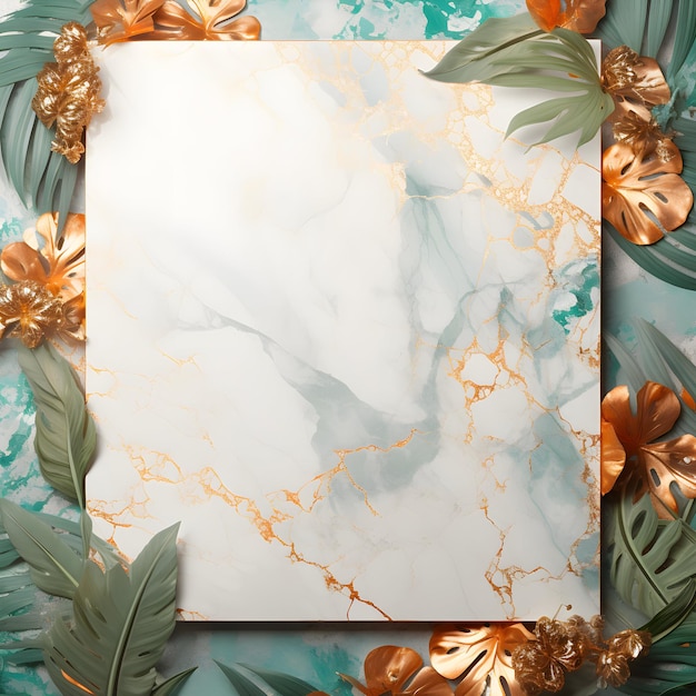 Cadre de feuilles tropicales avec fond de marbre blanc avec des fleurs pour invitation et mariage