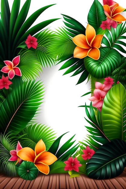 Cadre de feuilles tropicales et de grandes fleurs exotiques