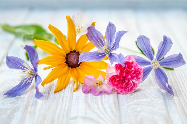 Cadre fleur de fleurs sauvages sur fond de bois blanc