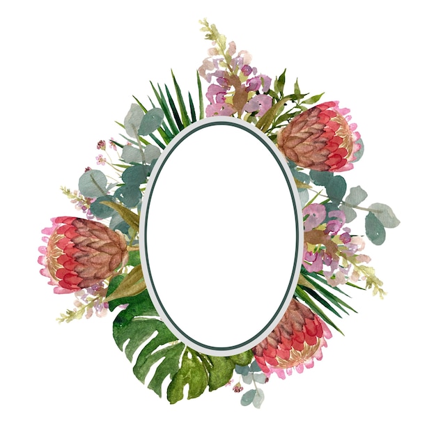 Photo cadre fleur protea feuille de palmier ovale. une illustration à l'aquarelle. texture dessinée à la main. isolé.