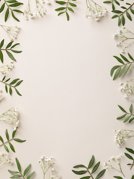 Cadre de fleurs blanches et feuilles vertes sur fond blanc biege
