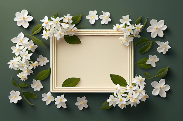 Cadre avec fleurs blanches sur fond vert