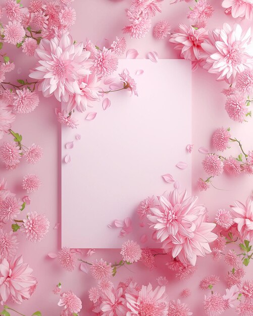 Photo cadre de fleurs de cerisier pétales et chrysanthèmes roses sur un fond rose pastel fleur
