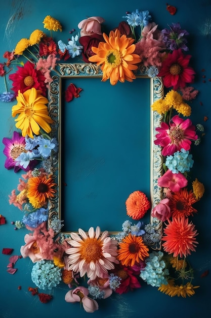 Cadre de fleurs colorées sur fond bleu