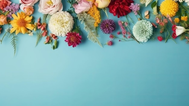 Cadre de fleurs sur fond bleu copie espace maquette à plat