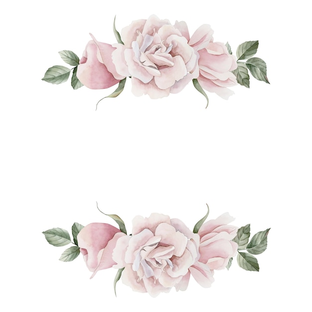 Cadre de fleurs de hanche de rose rose avec des feuilles rose de style victorien illustration à l'aquarelle florale