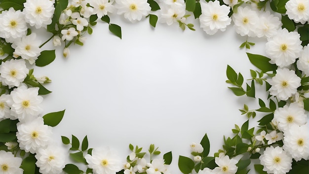 Cadre de fleurs de jasmin blanc avec des feuilles vertes sur fond blanc