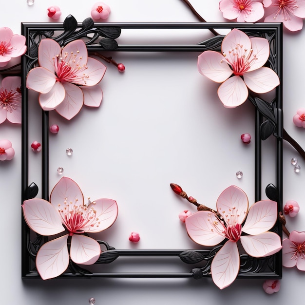Photo cadre avec des fleurs noires en 3d sakura
