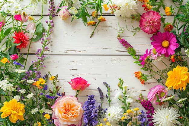 Cadre de fleurs de printemps ou bordure florale fond en bois rustique avec cartes d'invitation de mariage espace vide ou concept de fête des mères