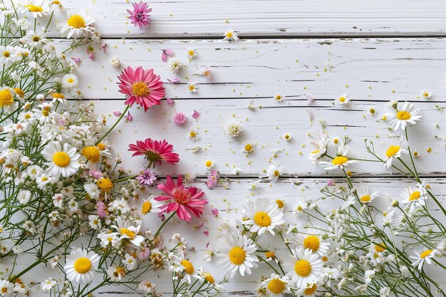 Cadre de fleurs de printemps ou bordure florale fond en bois rustique avec cartes d'invitation de mariage espace vide ou concept de fête des mères