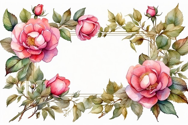 Photo cadre avec des fleurs de rose sauvage illustration à l'aquarelle