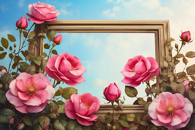 Cadre avec des fleurs de rose sauvage Illustration à l'aquarelle