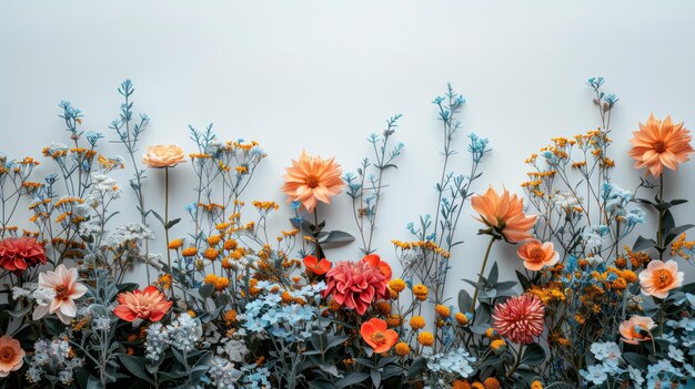 Photo cadre de fleurs vibrantes, fond blanc clair, conception de carte de vœux pour les vacances avec un ample espace de copie ai génératif