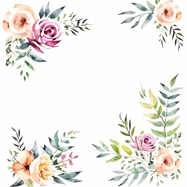 Un cadre floral aquarelle avec une feuille verte et des fleurs