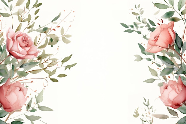 Cadre floral à l'aquarelle avec des feuilles et des roses