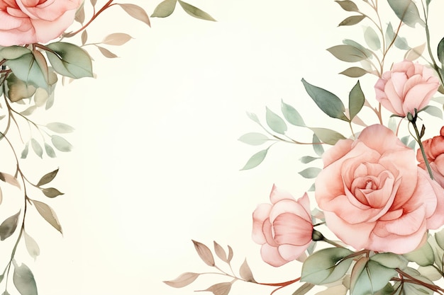 Cadre floral à l'aquarelle avec des feuilles et des roses