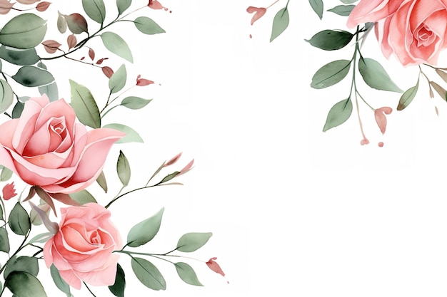 Cadre floral à l'aquarelle avec des feuilles et des roses