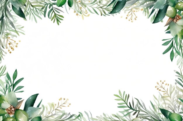 Cadre floral à l'aquarelle avec des feuilles vertes, des branches et des baies sur fond blanc