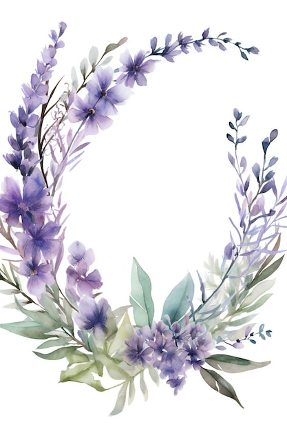 Un cadre floral aquarelle avec des fleurs violettes.