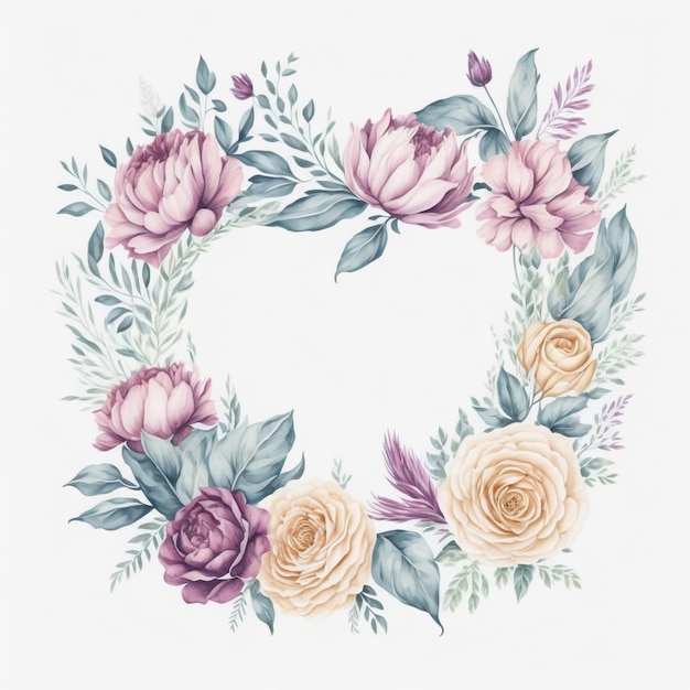 Cadre floral à l'aquarelle forme d'amour cadre floral généré par l'IA