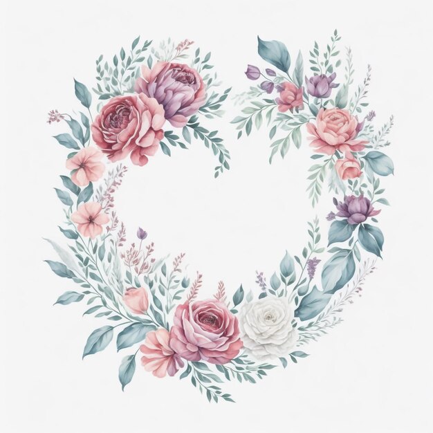 Cadre floral à l'aquarelle forme d'amour cadre floral généré par l'IA