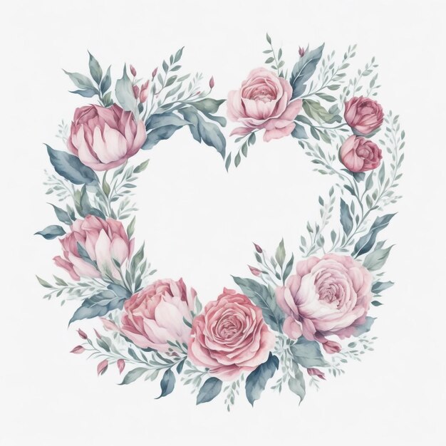 Cadre floral à l'aquarelle forme d'amour cadre floral généré par l'IA