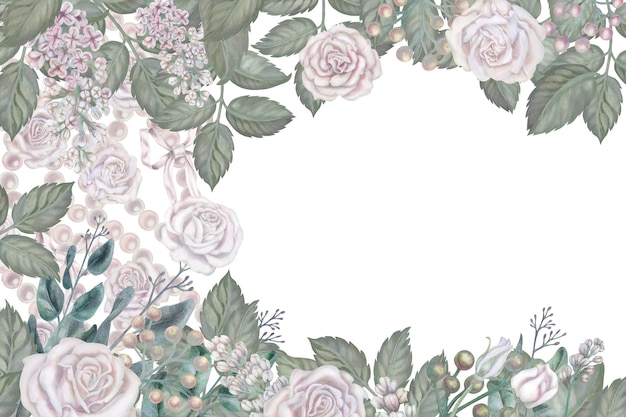 Cadre floral à l'aquarelle de roses blanches feuilles vertes eucalyptus lilas dans une couleur pastel en vintage