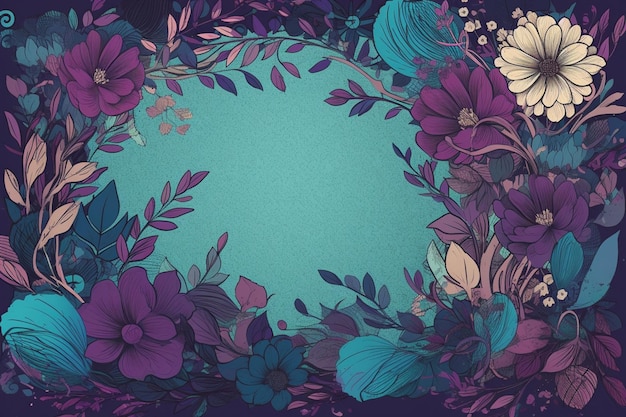 Un cadre floral bleu avec un cercle blanc et des fleurs violettes dessus.