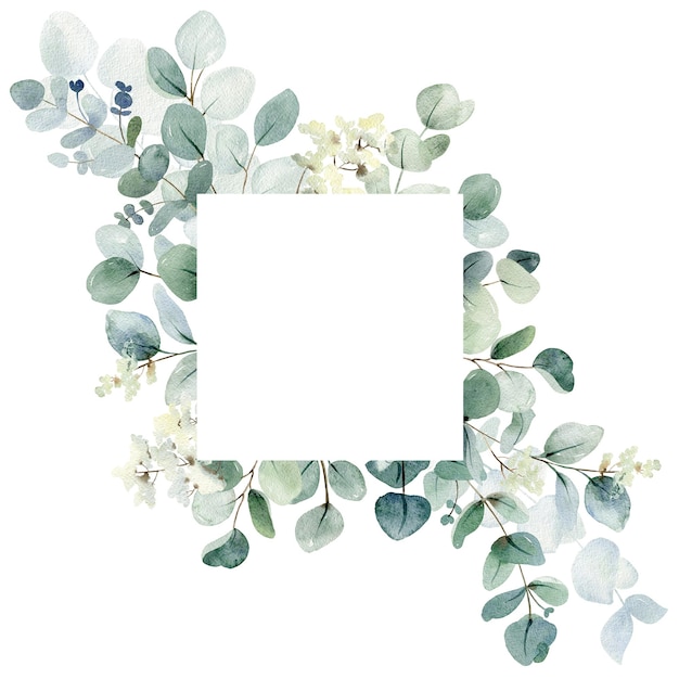 Photo cadre floral avec des feuilles d'eucalyptus