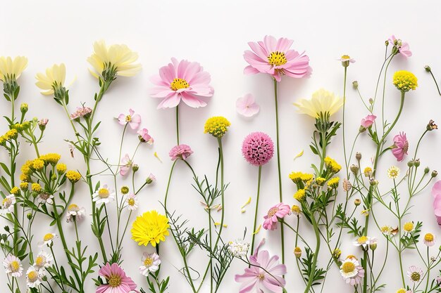 Un cadre floral avec des marguerites de couleur pastel et des marigolds jaunes sur fond blanc