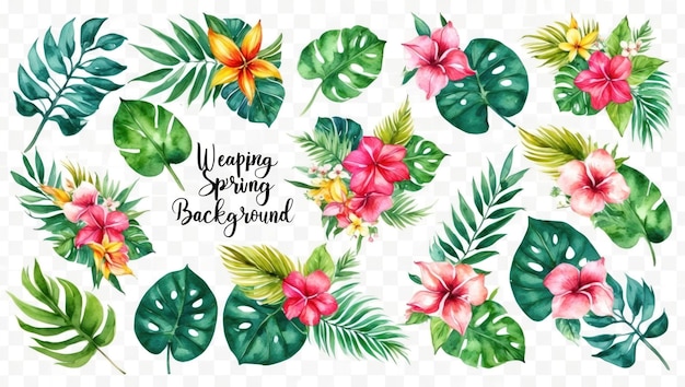 Un cadre floral tropical de printemps avec des fleurs vives et des feuilles vertes luxuriantes