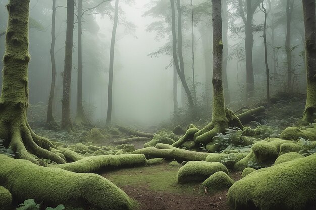 Cadre de forêt brumeuse Arrière-plan Nuances douces de mousse Vert gris pâle Poste social Idées de concept Art