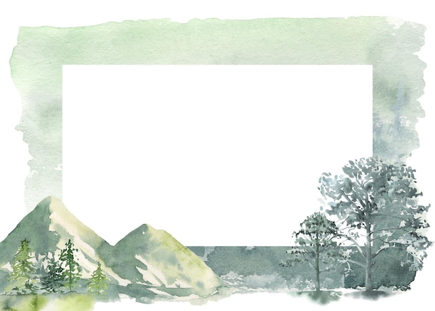 Cadre de forêt verte aquarelle, illustration d'arbre forestier, paysage vert. Invitation de mariage